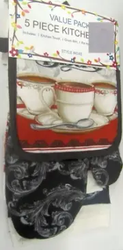 5 pc SET: 1 POT HOLDER, 1 TOWEL, 1 OVEN MITT & 2 DISHCLOTHS, 3 COFFEE CUPS, VP