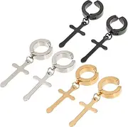 [WATIIFUFU] 3 Pairs Cross Ear Clip Jewelry Studs Men Hoops Cross Earrings Chic Earrings Hanging Earrings Trendy Earrings Crucifix Ear Clip Cross Dangler Simple Ear Clip Alloy