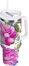 RPLIFE Purple Pink Floral White Tumbler Cup, Stainless Steel Coffee Mug, Insulated Tumbler with Straw, Tumbler for Men