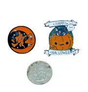 2 New Metal Halloween Pin Back Pins Cat in Pumpkin & Old Time Witch w/ Moon