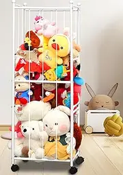 【Metal Tubes】Stuffed Animal Storage, Plush Toy Storage Organizer Shlf, Extra Large Stuffed Animal Holder with 360° Brake Wheels, Stuffed Animal Zoo Storage for Nursery Playroom Kids Room, White