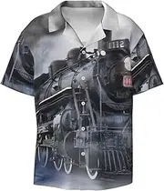 [EdWal] Steam Train Clouds Print Men's Print T Shirts Short Sleeve Polo Shirts Casual Summer Beach Shirt for Men