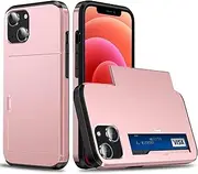 Ueokeird Case for iPhone 12 Mini Case, Apple 12 Mini with Card Holder Heavy Duty Protective Dual Layer Shockproof Hidden Card Slot Slim Phone Cover Cases for iPhone 12 Mini Rose Gold