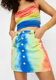 [dELiA*s by Dolls Kill] Righteous Mood Rainbow Tie Dye Twill Mini Skirt
