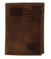 New! Ariat BROWN LEATHER TRI-FOLD WALLET w/ Distressed USA Flag & Shield logo
