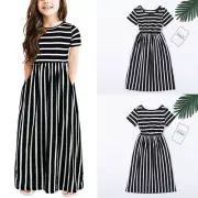 Toddler Baby Girls Striped Print Long Dress Kids Party Beachwear Dresses Outfits