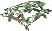 Picnic Table Cloth, Camping Table Cloth for Picnic Table - Green Pattern Waterproof Table Cover - Polyester Multifunctional Table Protector and Bench Cover Set of 2 for Barbecue Camping