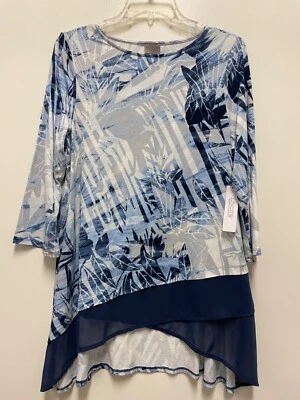 NWT EASYWEAR CHICO'S Top-White/Blue Rayon 3/4 Sleeve Blue/Gray Leaf Size 1, 8-10