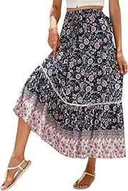 [Vioyavo] Women Casual Boho Long Skirt Vintage Floral Print Bohemian Style Half Dress Elastic Waist Flowy Swing Midi Skirt Summer Spring