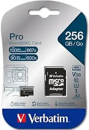 Verbatim Pro U3 256GB microSDXC Memory Card, Black, Class 10, UHS-I (U3)