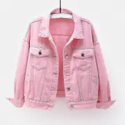 Women Spring And Autumn Coats Warm Solid Long Sleeve Denim Jacket Outerwear Pink M