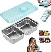 FeBohao Stainless Steel Snack Container with 2 Compartments Reusable Bento Box with Clear Lid Metal Lunch Box for Snacks Dips Travel Camping School Office