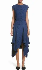 Proenza Schouler Asymmetric Midi Dress Blue Leopard Print Silk Crepe Size 2