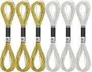 6 Skeins Metallic Embroidery Floss, Glitter Silver & Gold Embroidery Thread Set, Polyester Sewing Embroidery Floss Cross Stitch Thread Friendship Bracelets Threads for Hand Embroidery, String Art
