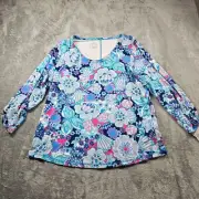 Talbots Top Womens 1X Blue Floral Roll Tab Sleeve Scoop Neck UPF 50+ Bamboo NEW