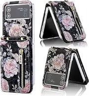 [XIMAND] for Samsung Galaxy Z Flip 4 5G Flower Credit Card Holder Wallet Case with Strap, Rose Pattern Crossbody Purse Floral Kickstand for Women, Cute and Charming.(Black)