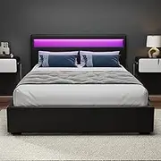 Artiss Double Bed Frame Platform RGB LED Headboard Gas Lift Beds Base with Storage Space Frames Bedroom Room Decor Home Furniture, Upholstered with Black PVC Leather + Foam + Wood, Modern Design