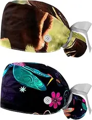 [YTYVAGT] 2-Pc,Nurse Scrub Caps,Scrub Hats with Buttons and Cotton Sweatband,Animal Cool Cattle
