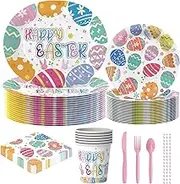 200PCS Easter Plates and Napkins Tableware Set, Easter Eggs Disposable Dinnerware with Paper Plates, Napkins,Paper Cups,knives,Forks,Spoons and Straws for Party Supplies- Serves 25