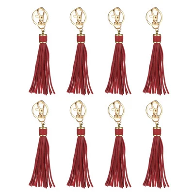 8pcs PU Leather Tassels, 6" Keychain Tassel with Key Rings(Wine Red )