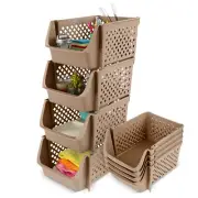 Spec101 Plastic Stackable Storage Bins - 4pc Tan Pantry Closet Organizer Bins