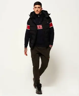 美國百分百【全新真品】Superdry 極度乾燥 Everest 連帽 鋪棉背心 外套 馬甲 防風 黑色S M號 I786