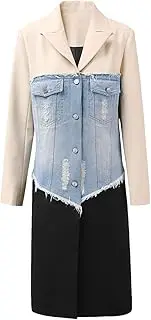 [Zadaos] Women's Denim Patchwork Long Blazer Lapel Loose Single Breasted Long Sleeves Suit Jacket
