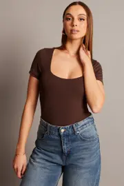 Brown Bodysuit Short Sleeve Square Neck Modal - Size XXS, Women's Bodysuit