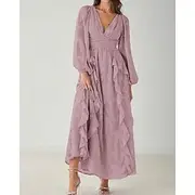 A-Line Mother of the Bride Dress Elegant Simple Minimalist V Neck Wedding Guest Dress Floor Length Floral Chiffon Lace Long Sleeve with Ruched Cascading Ruffle