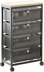 Mesh Cabinet Storage Organizer with Pull-Out Basket 4-Tier Black W/Swivel Wheel Shelf Rolling Trolley Cart