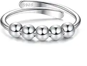 [Kakonia] Sterling Silver Fidget Ring Adjustable Stress Spinner Rings with Beads Silver Open Thumb Rings for Women Girls