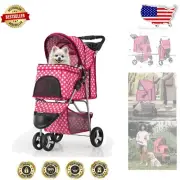 Lightweight & Collapsible Hot Pink Pet Stroller with Cup Holder & Storage Basket