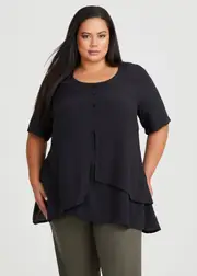[TS] Taking Shape Crinkle Button Short Sleeve Top Size 16 in Black, Viscose - Plus Size Women's Clothing Black