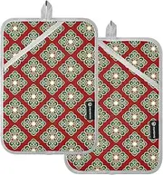Kitchen Pot Holders Heat Resistant Red and Green Vintage Floral Potholders for Kitchens with Pockets Hotpads Kitchen Oven Mitts 2 Pack