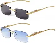 LeoLeozz Small Narrow Rimless Sunglasses Fashion Frameless Rectangle Tinted Lens Eyewear 90s Glasses for Women Men (Top Grey Bottom Pink) (2pc:grey+blue Gradient)