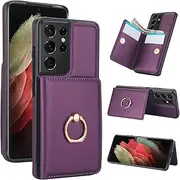 [Boyobacase] for Samsung Galaxy S22 Ultra Case Wallet with Card Holder,for Galaxy S22 Ultra 5G Flip Case 360°Rotation Ring Holder Kickstand Phone Cover with 4 Card Slots and Cash Pocket-Deep Purple