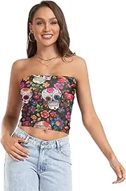 [RPLIFE] Colorful Sugar Skulls Flowers Crop Top, Strapless Top Going Out, Sheer Tube Tops, Sexy Tube Tops (S)