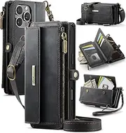 XIMAND for iPhone 15 Pro Max Wallet Case with 9 Card Slots RFID Blocking Magnetic Closure Zipper Cash Bills Pocket, PU Leather with Crossbody Wristlet Strap - Black