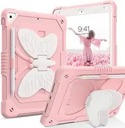 YINLAI Case for iPad 9.7 for Kids, iPad 6th 5th Generation Case (2018/2017), iPad Air 2 Case, iPad Pro 9.7 Case Butterfly Kickstand Shockproof Protective Tablet Cover with Pencil Holder, Pink