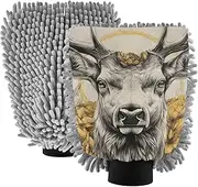 XYMZR Absorbent Microfiber Car Wash Mitt Elk Flower Gold, Funny Cute Anime Scratch Free for Cars Cleaning, Home Cleaning Mitts, 2 Pack, 10.24” L x 7.09” W