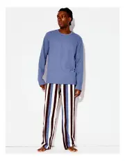 [Kenji] Long Sleeve Waffle Tee & Flannelette Pant PJ Set Stripes in Charcoal
