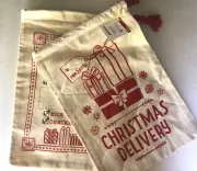 Set of 4 Christmas Canvas Fabric Santa Sacks 15" x 10" Drawstring Gift Bags