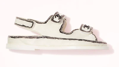 Chanel 22C White Black Graffiti CC Logo Mule Slide Strap Flat Dad Sandal 36.5