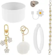 6 Pcs Cup Accessories Set for Stanley, Water Bottle Handle Strap, Silicone Reusable Cup Accessories Includes Siliocne Cup Boot Straw Cover Pompom Ball Daisy Key Chain Heart Hook