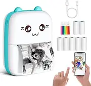 Mini Printer Portable, Pocket Thermal Printer with 7 Rolls Paper, Bluetooth Wireless Smart Printer for Photo Office Receipt Label Note QR Code Inkless Printing (Blue)