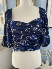 Sienna Sky Blouse Shirt Crop Top Blue Cream Floral Rayon 1/2 Sleeve Large L NWT