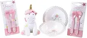 Unicorn Set for Children, Consisting of 2 Deep Plates Diameter 16 cm, 2 Cutlery Sets and 1 Pelusche +/- 17 cm (Blue, Pink or Purple)