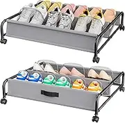 OFUSUY Under Bed Shoe Storage with Wheels, 2 Pack Rolling Under Bed Storage Containers for Shoes with Breathable Mesh Pockets, Metal Shoe Rack Organizer Bedroom Organization