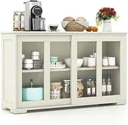 Costway 2-Door Buffet Sideboard, Floor Cupboard with Sliding Tempered Glass Cabinet & Adjustable Shelf, Stackable Storage Cabinet for Kitchen, Dining Room, Living Room, Entryway