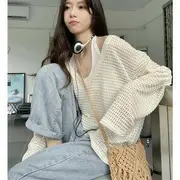 Halter Plain Crop Top / Long-Sleeve V-Neck Pointelle Knit Top Long Sleeve Top - Almond - One Size